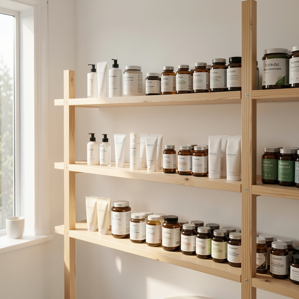Bright minimal studio interior with natural wood shelving displaying body care products and supplement jars, afternoon light