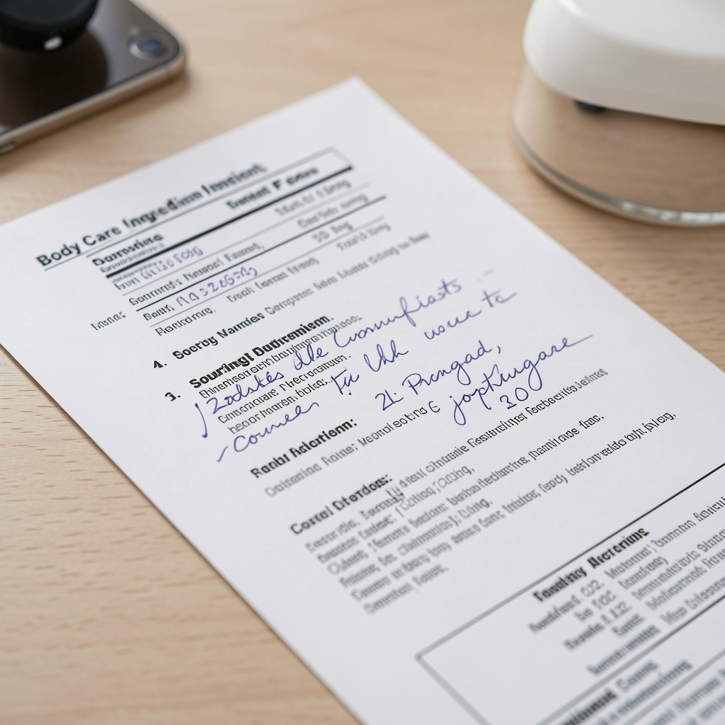 Close detail of body care ingredient label review with handwritten notes on sourcing documentation, minimal desk setting