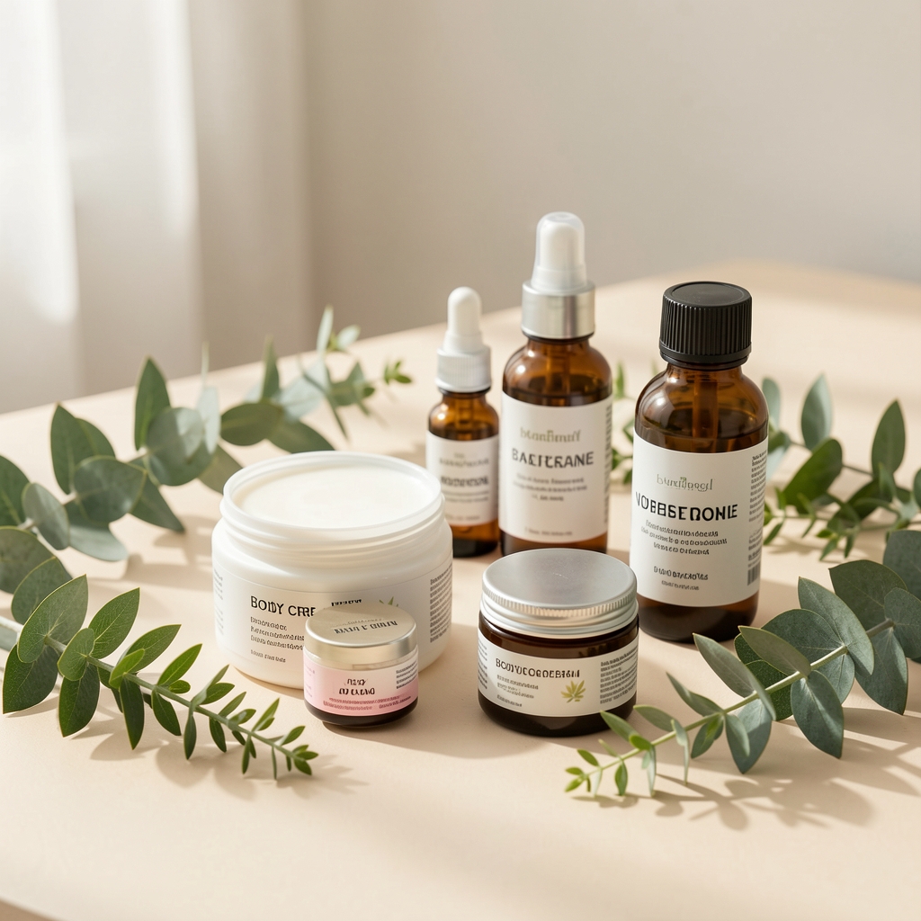 Editorial still life of body cream jars and vitamin bottles arranged on pale surface with botanical sprigs and soft daylight