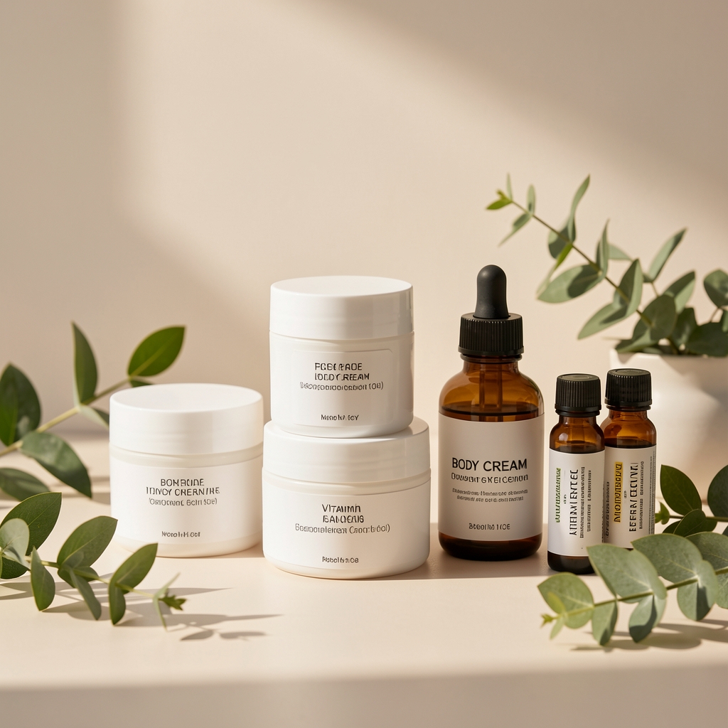 Studio arrangement of body cream jars and vitamin bottles on a pale surface with morning light and botanical elements
