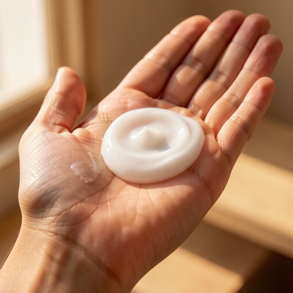 Moisturiser in palm with close composition showing skin application, warm natural light background
